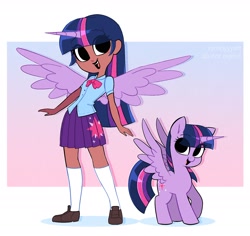 Size: 1938x1827 | Tagged: safe, artist:syrupyyy, imported from derpibooru, twilight sparkle, alicorn, human, pony, alicorn humanization, blackwashing, bowtie, clothes, cute, dark skin, equestria girls outfit, female, flats, horned humanization, human ponidox, humanized, mare, open mouth, open smile, self paradox, self ponidox, shirt, shoes, skirt, smiling, socks, solo, twiabetes, twilight sparkle (alicorn), winged humanization, ych example, your character here