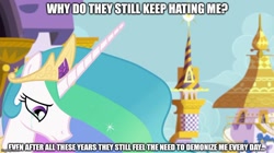 Size: 888x499 | Tagged: safe, edit, edited screencap, imported from derpibooru, screencap, princess celestia, alicorn, pony, celestial advice, season 7, bronybait, bust, crying, female, imgflip, looking down, mare, meme, sad, solo, woobie