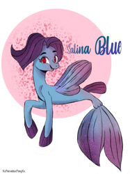 Size: 1024x1368 | Tagged: safe, artist:xxparadoxponyxx, imported from derpibooru, salina blue, seapony (g4), my little pony: the movie, dorsal fin, female, fin wings, fins, fish tail, flowing tail, open mouth, purple mane, red eyes, simple background, smiling, solo, tail, white background, wings