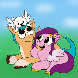 Size: 1080x1080 | Tagged: safe, artist:artyanimated, imported from derpibooru, hitch trailblazer, pipp petals, earth pony, pegasus, pony, adorapipp, cloudpuff, critter magnet, cute, doodle, female, g5, hitchpipp, male, mare, my little pony: a new generation, shipping, sitting on head, stallion, straight