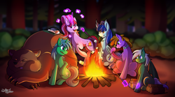 Size: 3600x2000 | Tagged: safe, artist:littletigressda, imported from derpibooru, oc, oc only, oc:lunar dusk, oc:lunar flask, oc:lunar jade, oc:lunar trail, oc:melody song, bat pony, bear, earth pony, pony, spider, unicorn, bat pony oc, campfire, earth pony oc, fire, food, high res, horn, jumping spider, magic, marshmallow, tail, tail on fire, unicorn oc