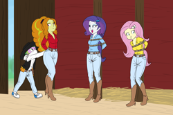 Size: 7026x4668 | Tagged: safe, artist:carnifex, imported from derpibooru, adagio dazzle, fluttershy, rarity, spike, equestria girls, :t, arm behind back, barn, belt, bondage, boots, clothes, cowboy boots, cowgirl, cowgirl outfit, female, high heel boots, jeans, male, open mouth, open smile, pants, pole tied, shoes, smiling, tied up, unsexy bondage, western