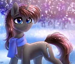 Size: 3000x2571 | Tagged: safe, artist:hakaina, imported from derpibooru, oc, oc only, oc:twistae, pony, unicorn, clothes, female, forest, high res, rule 63, scarf, snow, snowfall, solo, winter