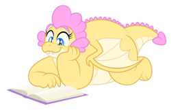 Size: 1600x1032 | Tagged: safe, artist:aleximusprime, imported from derpibooru, oc, oc only, oc:buttercream the dragon, dragon, flurry heart's story, book, cute, dragon oc, dragoness, fat, female, lying down, reading, simple background, solo, transparent background