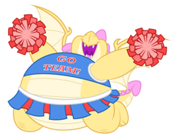 Size: 1600x1293 | Tagged: safe, artist:aleximusprime, imported from derpibooru, oc, oc only, oc:buttercream the dragon, dragon, cheerleader, cheerleader outfit, cheerleading, clothes, cute, dragon oc, dragoness, fat, female, halter top, miniskirt, pom pom, simple background, skirt, sliding, solo, transparent background