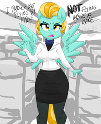 Size: 1200x1472 | Tagged: safe, artist:flutterthrash, imported from derpibooru, lightning dust, anthro, pegasus, unguligrade anthro, clothes, eyelashes, female, flight attendant, skirt, tail, text, wings