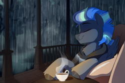 Size: 4450x2950 | Tagged: safe, artist:crimmharmony, imported from derpibooru, oc, oc only, pegasus, pony, chest fluff, chin fluff, clothes, cup, ear fluff, eyebrows, eyes closed, folded wings, food, forest, grass, male, pegasus oc, pillow, porch, rain, sitting, smiling, solo, stallion, steam, sweater, tea, teacup, tree, unshorn fetlocks, wings