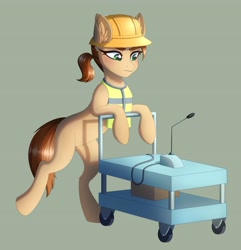 Size: 3947x4096 | Tagged: safe, artist:_ladybanshee_, imported from derpibooru, earth pony, pony, absurd resolution, background pony, cart, clothes, ear fluff, female, frown, g5, gray background, hard hat, hat, mare, my little pony: a new generation, palindrome get, ponytail, simple background, solo, tail, unnamed character, unnamed pony