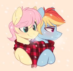 Size: 930x900 | Tagged: safe, artist:higgly-chan, imported from derpibooru, fluttershy, rainbow dash, pegasus, pony, adorascotch, alternate hairstyle, blushing, bust, butterblitz, butterscotch, christmas, clothes, cream background, cute, dashabetes, duo, duo male, eye clipping through hair, eyebrows, eyebrows visible through hair, flutterdash, frown, gay, holiday, male, rainbow blitz, rule 63, scarf, shared clothing, shared scarf, shipping, shyabetes, simple background, smiling, snow, stallion