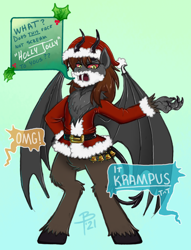 Size: 3000x3935 | Tagged: safe, artist:flutterbree, imported from derpibooru, oc, oc only, oc:debby, anthro, satyr, bat wings, christmas, claws, clothes, costume, devil tail, dragon wings, hat, high res, holiday, holly, horns, krampus, red eyes, santa costume, santa hat, solo, strange waifus, strangefu, tail, unshorn fetlocks, wings