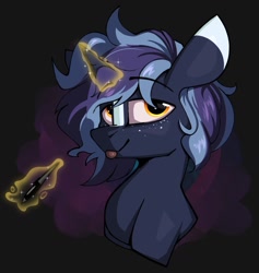 Size: 1209x1278 | Tagged: safe, artist:luxsimx, imported from derpibooru, oc, oc only, oc:witching hour, pony, unicorn, bust, freckles, looking at you, magic, magic aura, solo, telekinesis, tongue out