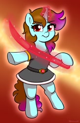 Size: 1278x1955 | Tagged: safe, artist:heretichesh, imported from derpibooru, oc, oc only, oc:comet solstice, pony, unicorn, abstract background, bipedal, clothes, dress, female, frown, glowing, glowing horn, hoof hold, horn, looking at you, magic construct, mare, solo, sword, underhoof, weapon