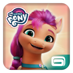 Size: 1400x1400 | Tagged: safe, edit, imported from derpibooru, sunny starscout, earth pony, pony, bust, fake, female, g5, gameloft, icon, logo, looking at you, mare, my little pony logo, my little pony: a new generation, open mouth, open smile, simple background, smiling, smiling at you, solo, transparent background