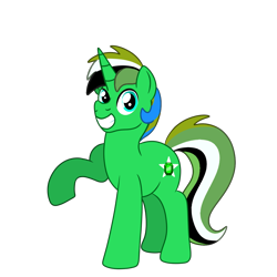 Size: 1200x1200 | Tagged: safe, artist:lynnthenerdkitty, imported from derpibooru, oc, oc only, oc:emerald star, pony, unicorn, derpibooru community collaboration, 2022 community collab, horn, male, multicolored mane, multicolored tail, raised hoof, simple background, smiling, solo, stallion, standing, tail, transparent background, unicorn oc