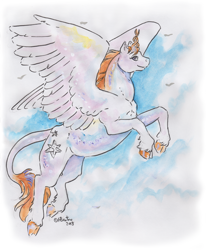 Size: 824x1000 | Tagged: safe, artist:hbruton, artist:heather bruton, imported from derpibooru, oc, oc only, oc:wandering path, alicorn, pony, fanfic:cosmic lotus, 2 horns, alicorn oc, fanfic art, fanfic spoiler, flying, hooves, horn, solo, spoilers for another series, spread wings, unshorn fetlocks, wings