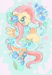 Size: 1440x2048 | Tagged: safe, artist:osawari64, imported from derpibooru, fluttershy, pegasus, pony, blushing, clothes, dress, female, flower, looking at you, mare, smiling, solo, spread wings, wings