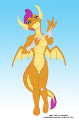Size: 836x1280 | Tagged: safe, artist:ebonyleopard, imported from derpibooru, smolder, anthro, dragon, bandaid, barbie doll anatomy, breasts, dragoness, female, gradient background, hand wraps, lizard breasts, small breasts, this is going to hurt