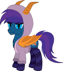 Size: 1564x1773 | Tagged: safe, artist:tikibat, derpibooru exclusive, imported from derpibooru, oc, oc only, oc:stardust, oc:stardust(cosmiceclipse), bat pony, pony, derpibooru community collaboration, 2022 community collab, bat pony oc, bat wings, clothes, ear fluff, epcot, epcot center, eyeshadow, fangs, figment, figment (epcot), hoodie, makeup, male, membranous wings, simple background, slit pupils, socks, solo, stallion, stockings, striped socks, thigh highs, transparent background, wings