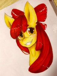 Size: 3120x4160 | Tagged: safe, artist:kitsu-chan11, imported from derpibooru, apple bloom, earth pony, pony, bust, female, filly, grin, portrait, smiling, solo, traditional art
