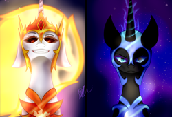 Size: 1500x1021 | Tagged: safe, artist:psycho-analytiker, imported from derpibooru, daybreaker, nightmare moon, alicorn, pony, blue eyes, blue mane, digital art, ethereal mane, evil grin, eyelashes, fangs, female, flowing mane, gem, glowing, glowing horn, grin, horn, looking at you, magic, mane of fire, purple background, red eyes, signature, simple background, smiling, starry mane, teeth