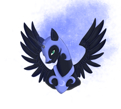 Size: 2001x1800 | Tagged: safe, artist:moonfini, imported from derpibooru, nightmare moon, alicorn, pony, blue mane, bust, ethereal mane, feather, female, flowing mane, green eyes, helmet, horn, looking at you, simple background, solo, sparkles, spread wings, starry mane, stars, transparent background, wings