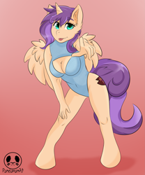 Size: 3445x4134 | Tagged: safe, artist:panda-man90, imported from derpibooru, oc, oc only, oc:sweet scooter, anthro, hybrid, pegasus, unguligrade anthro, unicorn, :p, anthro oc, breasts, clothes, commission, commissioner:bigonionbean, cutie mark, eyebrows, eyebrows visible through hair, female, fusion, fusion:scootaloo, fusion:sweetie belle, gradient background, high res, horn, large butt, leaning forward, looking at you, looking into your soul, mare, mixed breed, not an alicorn, one-piece swimsuit, pegacorn, pointing, pointing at you, pose, reaching, smiling, smiling at you, solo, swimsuit, tail, teasing, tongue out, wings, writer:bigonionbean