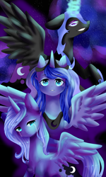 Size: 1800x3000 | Tagged: safe, artist:cloudy-risicpaint, imported from derpibooru, nightmare moon, princess luna, alicorn, pony, black background, blue eyes, blue mane, blue tail, colored pupils, crying, ethereal mane, feather, female, filly, flowing tail, glowing, glowing horn, grin, horn, lidded eyes, looking at you, looking down, mare, sad, signature, simple background, smiling, solo, spread wings, starry mane, tail, teary eyes, teeth, wingding eyes, wings, woona, younger