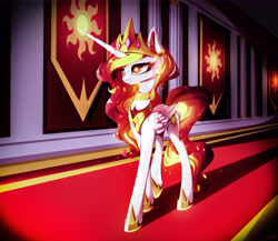 Size: 11868x10303 | Tagged: safe, artist:stahlkat, imported from derpibooru, daybreaker, princess celestia, alicorn, pony, absurd file size, absurd resolution, canterlot, carpet, corridor, crown, ear fluff, feather, female, folded wings, gem, glowing, hoof shoes, horn, jewelry, mane of fire, mare, red eyes, red mane, regalia, smiling, solo, sun, sunlight, sunrise, wingding eyes, wings