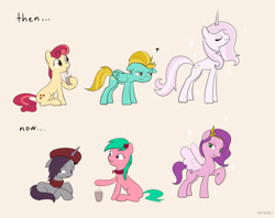 Size: 1280x1014 | Tagged: safe, artist:ddenver, imported from derpibooru, apple bumpkin, fleur-de-lis, lightning dust, pipp petals, earth pony, pegasus, pony, unicorn, apple family member, background pony, beatnik pony, beret, clothes, dahlia, female, g5, hat, mare, milkshake, my little pony: a new generation, onyx, scarf, then and now