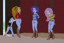 Size: 7026x4668 | Tagged: safe, alternate version, artist:carnifex, imported from derpibooru, adagio dazzle, fluttershy, rarity, spike, equestria girls, :t, arm behind back, barn, belt, bondage, boots, clothes, cowboy boots, cowgirl, cowgirl outfit, female, high heel boots, jeans, male, open mouth, open smile, pants, pole tied, shoes, smiling, tied up, unsexy bondage, western