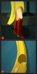 Size: 760x1500 | Tagged: safe, artist:mirtalimeburst, imported from derpibooru, applejack, equestria girls, banana, boots, clothes, comic, costume, food, high heel boots, shoes