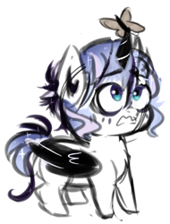 Size: 363x478 | Tagged: safe, artist:yumeyuuheii, imported from derpibooru, oc, oc only, alicorn, butterfly, pony, alicorn oc, colt, horn, looking up, magical lesbian spawn, male, offspring, parent:nightmare moon, parent:rarity, parents:nightrarity, scared, simple background, solo, white background, wings