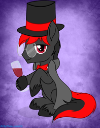 Size: 2690x3410 | Tagged: safe, artist:108-zeroforce, artist:starshade, imported from derpibooru, oc, oc only, oc:lucille, earth pony, pony, 2021, base used, bowtie, cape, clothes, commission, cute, dark body, gradient background, hat, high res, male, purple background, red eyes, simple background, solo, stallion, top hat, unshorn fetlocks, ych result
