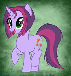 Size: 3368x3624 | Tagged: safe, artist:108-zeroforce, artist:starshade, imported from derpibooru, oc, oc only, oc:twilight garrison, pony, unicorn, 2021, base used, commission, cute, female, gradient background, green background, green eyes, high res, horn, mare, purple body, simple background, solo, starry eyes, wingding eyes, ych result