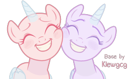 Size: 1024x641 | Tagged: safe, artist:klewgcg, imported from derpibooru, oc, oc only, alicorn, pony, alicorn oc, bald, base, bust, cheek squish, duo, eyelashes, eyes closed, female, grin, horn, mare, smiling, squishy cheeks, wings