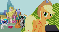 Size: 2949x1644 | Tagged: safe, artist:darkstar, imported from derpibooru, screencap, applejack, dj pon-3, octavia melody, vinyl scratch, earth pony, pony, unicorn, applebutt, butt, cello, chinese meme, food, meme, musical instrument, plot, ponyville, watermelon