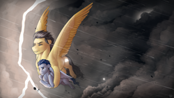 Size: 3265x1837 | Tagged: safe, artist:royvdhel-art, imported from derpibooru, oc, oc only, pegasus, pony, cloud, duo, eyes closed, flying, holding a pony, lightning, male, outdoors, pegasus oc, rain, scared, stallion, wings