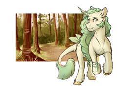 Size: 3693x2798 | Tagged: safe, artist:royvdhel-art, imported from derpibooru, oc, oc only, bird, owl, pony, unicorn, forest, high res, horn, outdoors, simple background, solo, tree, unicorn oc, unshorn fetlocks, white background