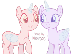 Size: 1253x920 | Tagged: safe, artist:klewgcg, imported from derpibooru, oc, oc only, alicorn, pony, alicorn oc, bald, base, duo, eyelashes, female, horn, mare, raised hoof, smiling, wings