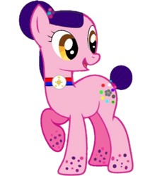 Size: 1100x1200 | Tagged: safe, artist:decokenite, imported from derpibooru, oc, oc only, oc:precious treasure, earth pony, pony, derpibooru community collaboration, 2022 community collab, base used, bun, earth pony oc, female, full body, looking back, mare, open mouth, open smile, philippines, pompom, raised hoof, reupload, show accurate, simple background, smiling, solo, transparent background, yellow eyes