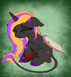 Size: 3267x3535 | Tagged: safe, artist:108-zeroforce, artist:starshade, imported from derpibooru, oc, oc only, oc:lyra, changeling, pony, unicorn, 2021, base used, commission, dark body, female, gradient background, green background, high res, horn, mare, sad, simple background, solo, ych result