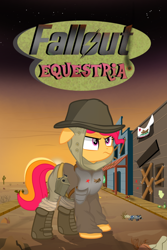 Size: 2000x3000 | Tagged: safe, artist:pizzamovies, imported from derpibooru, oc, oc only, oc:persistent taffy, earth pony, pony, fallout equestria, armor, boots, bottle, cactus, canteen, clothes, desert, doll, fallout, fallout: new vegas, fanfic, fanfic art, fanfic cover, female, flag, hat, high res, mare, new california republic, shoes, solo, sunset, town, toy