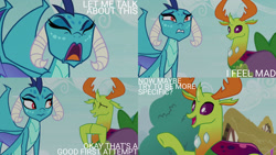 Size: 1280x720 | Tagged: safe, edit, edited screencap, editor:quoterific, imported from derpibooru, screencap, princess ember, thorax, changedling, changeling, dragon, season 7, triple threat, dragoness, duo, eyes closed, female, frown, grin, hooves together, king thorax, male, open mouth, open smile, smiling, talking, teeth