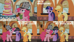 Size: 1280x720 | Tagged: safe, edit, edited screencap, editor:quoterific, imported from derpibooru, screencap, applejack, pinkie pie, twilight sparkle, earth pony, pony, unicorn, mmmystery on the friendship express, season 2, applejack's hat, bowler hat, cake, cowboy hat, deerstalker, detective, eyes closed, female, food, friendship express, hat, mare, open mouth, open smile, pipe, sherlock holmes, sherlock pie, smiling, train, unicorn twilight, watson