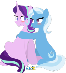 Size: 6576x7261 | Tagged: safe, artist:samsailz, imported from derpibooru, starlight glimmer, trixie, pony, unicorn, absurd resolution, blushing, duo, duo female, female, hug, lesbian, lineless, looking at each other, looking at someone, mare, shipping, simple background, sitting, smiling, smiling at each other, startrix, transparent background