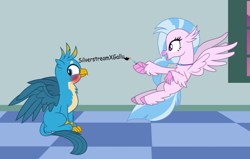 Size: 1483x946 | Tagged: source needed, safe, artist:rozyfly10, imported from derpibooru, gallus, silverstream, griffon, hippogriff, blushing, cute, duo, female, flying, gallstream, ground, happy, male, painting, shipper on deck, shipping, straight, text, window, writing