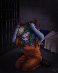 Size: 2000x2500 | Tagged: safe, alternate version, artist:shimmer-shy, imported from derpibooru, rainbow dash, equestria girls, clothes, crying, female, high res, jail, prison, prison outfit, prisoner, prisoner rd, scratches, solo, textless version