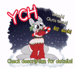 Size: 524x480 | Tagged: safe, artist:xekinise, imported from derpibooru, bat pony, earth pony, pegasus, pony, unicorn, animated, candy, candy cane, christmas, clothes, commission, female, food, holiday, male, mistletoe, sitting, solo, sweater, your character here