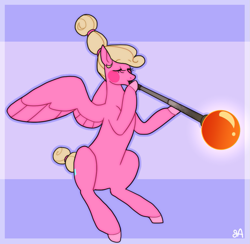 Size: 991x967 | Tagged: safe, artist:greenarsonist, imported from derpibooru, oc, oc only, oc:chuckle, pegasus, pony, blue background, female, glass blowing, pegasus oc, simple background, trans female, transgender