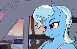 Size: 1280x820 | Tagged: safe, artist:apocheck13, imported from derpibooru, trixie, anthro, unicorn, car, clothes, eyelashes, female, gmc motorhome, horn, looking forward, mountain, rv, shirt, smiling, solo, sunset, vixen 21 motorhome, wip